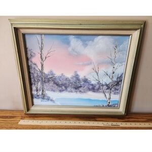 Vintage Oil On Canvas Winter Landscape Painting Wood Framed Artist Signed